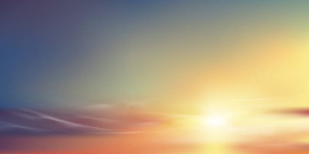 Zonsopgang in de ochtend met oranje, geel, roze, paars, blauwe hemel, Dramatische schemering landschap met zonsondergang in de avond, Vector mesh horizon Schemering Hemel banner van zonlicht voor vier seizoenen achtergrond - Vector, afbeelding