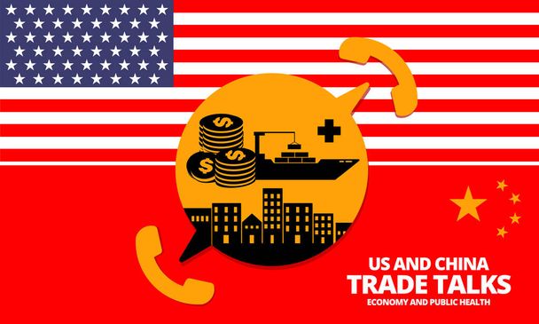 Birleşik Devletler bayrağı ve Çin bayrağı, konteyner gemisi, Amerikan para birimi ve telefon ikonlarıyla çevrili bina sembolü. ABD ve Çin arasında ekonomi ve halk sağlığı konuları konuşuluyor. - Vektör, Görsel