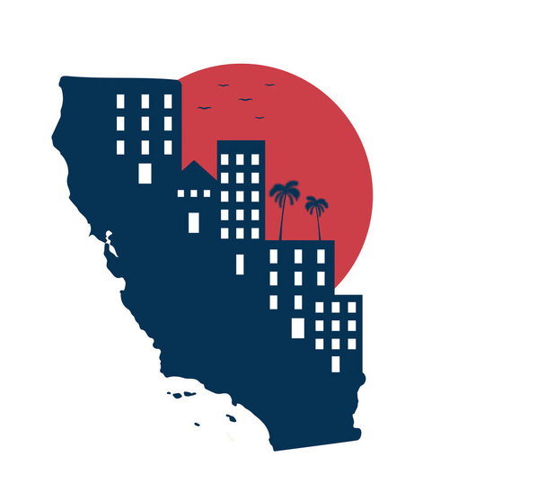 Illustrationsvektorgrafik der Kalifornien-Karte mit rotem Sonnenuntergang. Die Gebäude auf der blauen Karte des Bundesstaates Kalifornien, USA. Travel California Konzept. Flacher Stil für das Bannerdesign. Grafische Elemente. - Vektor, Bild