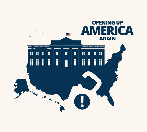 Illustrationsvektorgrafik der Landkarte der Vereinigten Staaten mit Vorhängeschloss-Symbol. Das Weiße Haus mit der Flagge der Vereinigten Staaten von Amerika auf dem Dach. Amerika wieder öffnen und Volkswirtschaften wieder öffnen - Vektor, Bild
