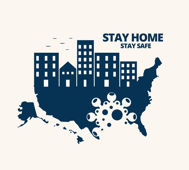 Illustration vector graphic of the United States map with coronavirus (COVID-19) symbol inside.The Buildings on blue map of the United States of America isolated.Stay home and Stay safe concept. - Вектор, зображення
