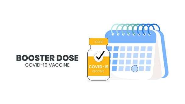 Ін'єкції бустера для підвищення імунітету або концепції вакцинації COVID-19. Третій прискорювач знімає вакцину після дози грунтовки. Ілюстратор вектор пляшки вакцини, календар і 1-й, 2-й і 3-й текст
 - Вектор, зображення