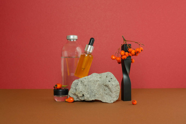 Flacon compte-gouttes avec sérum gel et baies de rowan sur fond rouge, une pierre et une bouteille avec liquide. - Photo, image