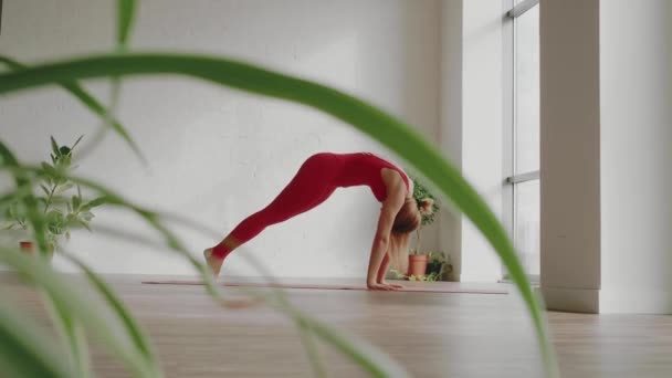 Bellissimo yoga. Giovane donna in uniforme sportiva rossa rende l'onda del corpo liscia. Stile di vita sano concetto - Filmati, video