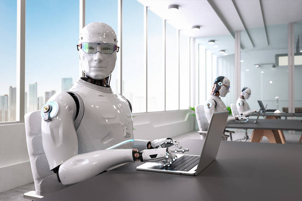 Концепция работников автоматизации с 3D-рендерингом робота, работающего в интеллектуальном офисе - Фото, изображение