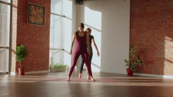 Pair yoga asana. Young girls in sports uniforms do beautiful pair asana in spacious yoga studio - Footage, Video