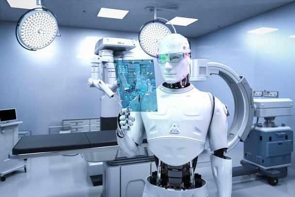 Concept de technologie médicale avec rendu 3D cyborg diagnos avec C Arm machine - Photo, image