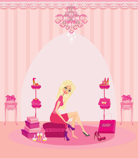 beautiful girl sitting on chair and holding shoes in an elegant boutique - Vector, Image