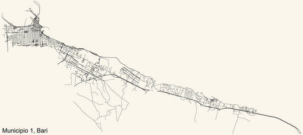 Navigazione dettagliata strada urbana mappa su sfondo beige vintage del quartiere I Comune (Municipio 1) del capoluogo Bari - Vettoriali, immagini