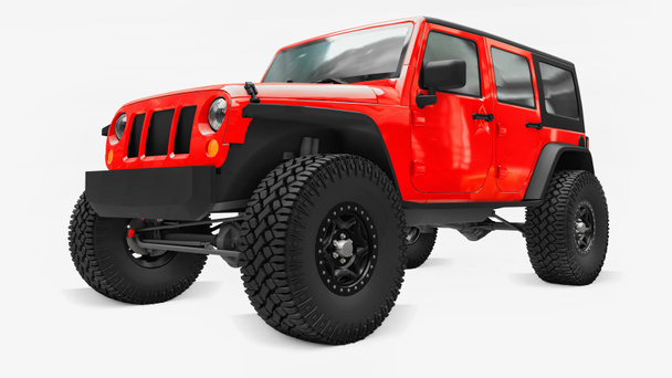 Potente SUV sintonizado rojo para expediciones en montañas, pantanos, desierto y cualquier terreno áspero. Ruedas grandes, suspensión de elevación para obstáculos empinados. renderizado 3d - Foto, imagen