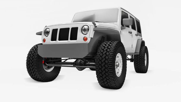 Potężny biały SUV dostrojony do wypraw w góry, bagna, pustynia i wszelkie nierówne tereny na białym. Duże koła, podnieś zawieszenie dla stromych przeszkód. Ilustracja 3D na białym tle. 3d renderowanie - Zdjęcie, obraz