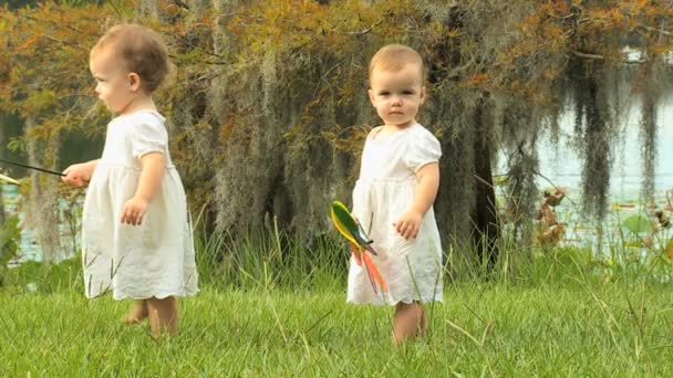 双子の女の子が公園で遊んで - 映像、動画