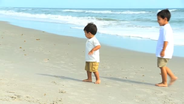 szczęśliwy mało braci hiszpanin gry plaży - Materiał filmowy, wideo