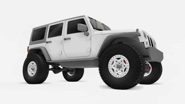 Silné bílé naladěné SUV pro výpravy v horách, bažinách, poušti a jakémkoli nerovném terénu na bílém. Velká kola, zvedací odpružení pro strmé překážky. 3D ilustrace na bílém pozadí. 3D vykreslování - Fotografie, Obrázek