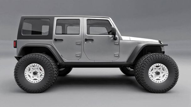 Powerful gray tuned SUV for expeditions in mountains, swamps, desert and any rough terrain. Big wheels, lift suspension for steep obstacles. 3D illustration on grey background. 3d rendering - Photo, Image