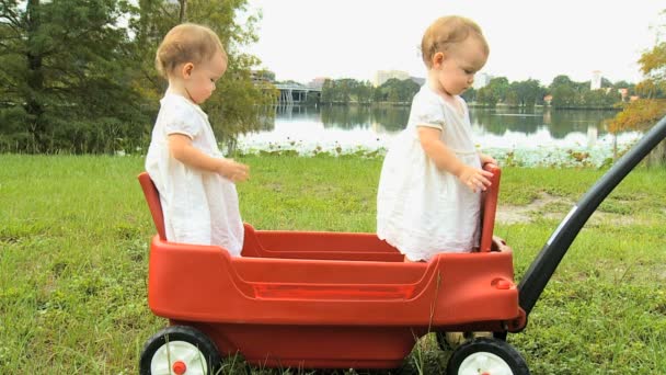 Twin girls standing in plastic cart - Footage, Video