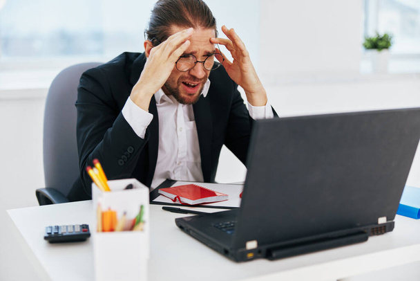 businessman phone laptop work emotions technologies - Фото, зображення