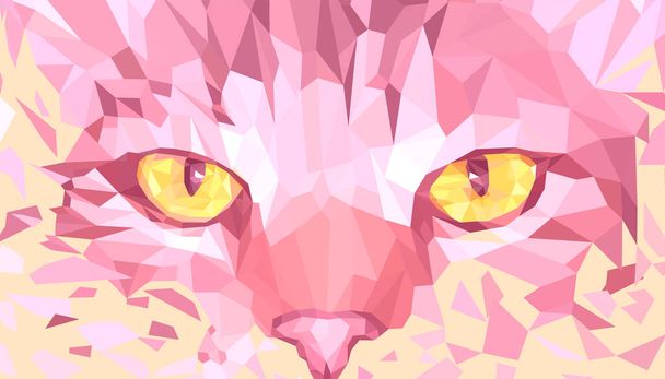 Head of a ginger cat with yellow eyes. Vector image of a cat's gaze in the style of a polygonal mosaic. - Vector, imagen