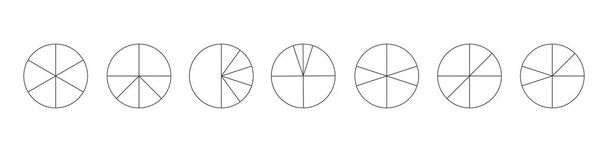 Zarys koła oddzielone w 6 segmentów izolowanych na białym tle. Ciasto lub pizza okrągłe kształty pokrojone w różne sześć plasterków. Proste statystyczne przykłady infograficzne. Ilustracja liniowa wektora - Wektor, obraz