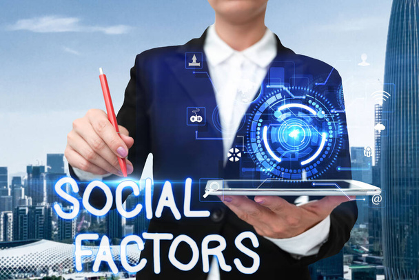 Text sign showing Social Factors. Conceptual photo Things that influences lifestyle Cultural Differences Hand Touching Screen Of Mobile Phone Showing Futuristic Technology S. - Photo, Image