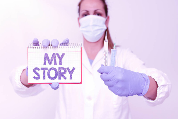 Inspiráció a "My Story" felirattal. Koncepció jelentése a korábbi élet események akciók vagy döntések tettél Tesztelés Új vakcina a vírus bemutatása Vakcina klinikai vizsgálatok - Fotó, kép