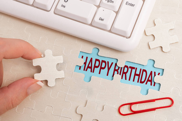 Inspiration showing sign Happy Birthday. Internet Concept The birth anniversary of a person is celebrated with presents Building An Unfinished White Jigsaw Pattern Puzzle With Missing Last Piece - Photo, Image