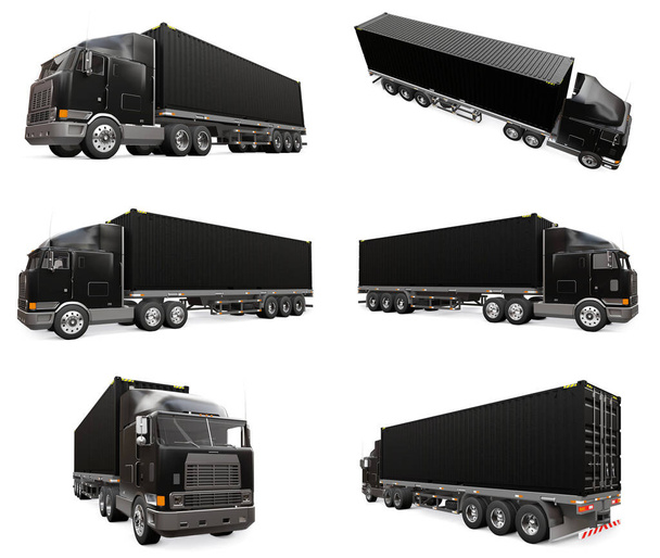 Zestaw duży retro czarny samochód ciężarowy z częścią sypialną i aerodynamiczne rozszerzenie niesie przyczepę z kontenerem morskim. 3d renderowanie - Zdjęcie, obraz