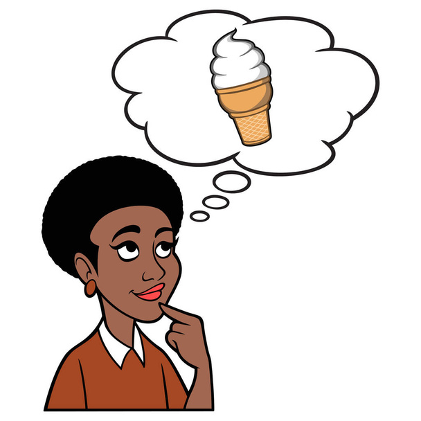 Γυναίκα σκέφτεται για ένα παγωτό κώνο - Μια απεικόνιση κινουμένων σχεδίων μιας γυναίκας που σκέφτεται για ένα παγωτό κώνο για επιδόρπιο. - Διάνυσμα, εικόνα