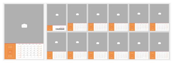 Wall Monthly Photo Kalenteri 2022. Yksinkertainen kuukausittain pystysuora valokuva kalenteri Suunnittelu 2022 vuoden Englanti. Kansi Kalenteri ja 12 kuukautta malleja. Viikko alkaa sunnuntaina. Vektoriesimerkki - Vektori, kuva