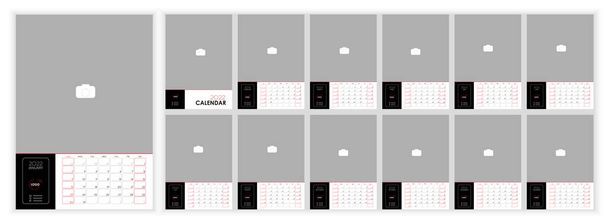 Muur Maandelijkse Foto Kalender 2022. Eenvoudige maandelijkse verticale fotokalender Ontwerp voor 2022 jaar in het Engels. Omslagkalender en sjablonen van 12 maanden. De week begint zondag. Vectorillustratie - Vector, afbeelding