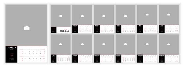 Wall Monthly Photo Calendar 2022. Simple monthly vertical photo calendar Design for 2022 year in English. Cover Calendar and 12 months templates. Week starts from Sunday. Vector illustration - Vector, Image