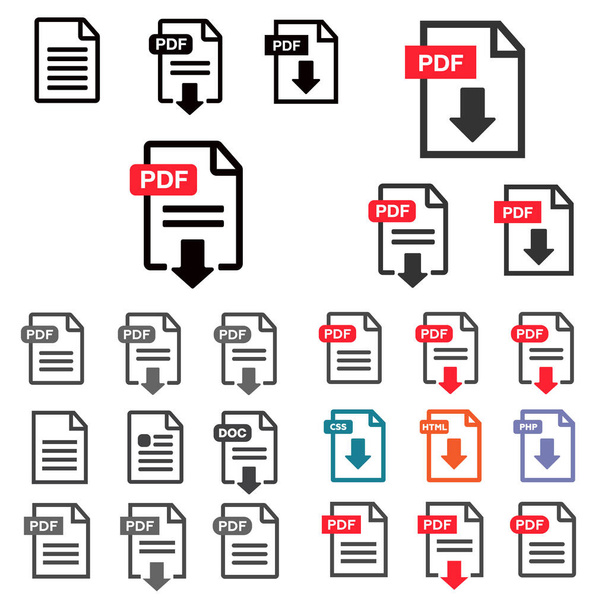 Icono de descarga de archivos. Texto del documento, información del formato web del símbolo. Conjunto de icono de documento
 - Vector, imagen