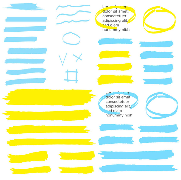 yellow highlighter brush lines. Brush pen underline. Yellow watercolor hand drawn highlight - Vector, Image