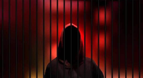 Realistic Prisoner in a Hood with Jail Bars - Vettoriali, immagini