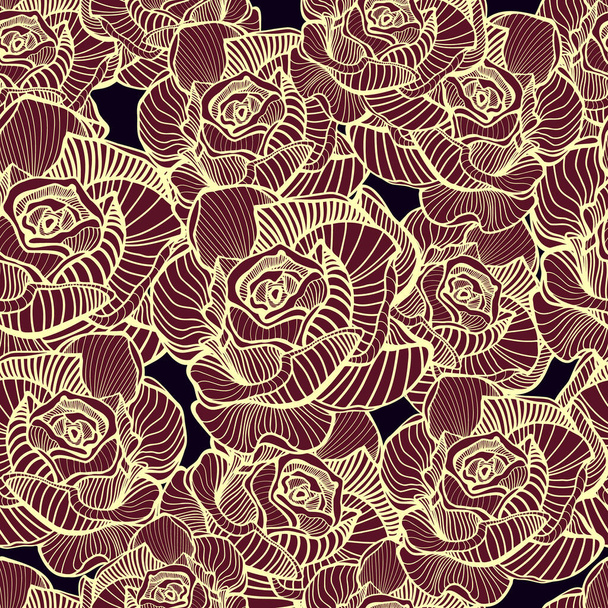 Абстрактний елегантний безшовний квітковий візерунок. Красиві квіти Векторна ілюстрація текстури з рожевими, золотими трояндами на темному тлі. Рожевий, фіолетовий, чорний кольори
. - Вектор, зображення