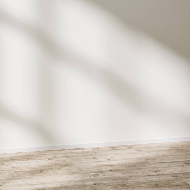 pusta ściana makieta, pusty pokój z białą ścianą ze światłem słonecznym i cieniami, drewniana podłoga, Ilustracja 3D - Zdjęcie, obraz