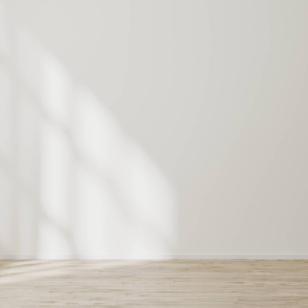 empty wall mock up, empty room with white wall with sunlight and shadows, wooden floor, 3d illustration - Foto, imagen
