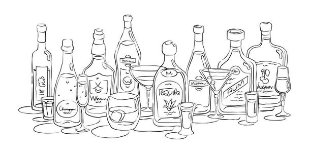 Groep van flessen en glazen wodka, champagne, whisky, vermout, tequila, martini, rum, sterke drank in de hand getrokken stijl. Drankje omtrek icoon. Lijn kunstschets. Zwart contour object op witte achtergrond - Vector, afbeelding