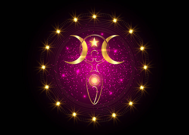 gold spiral goddess of fertility and triple moon Wiccan. The spiral cycle of life, death and rebirth. Golden Woman Wicca mother earth symbol of sexual procreation vector isolated on purple background  - Vector, Image