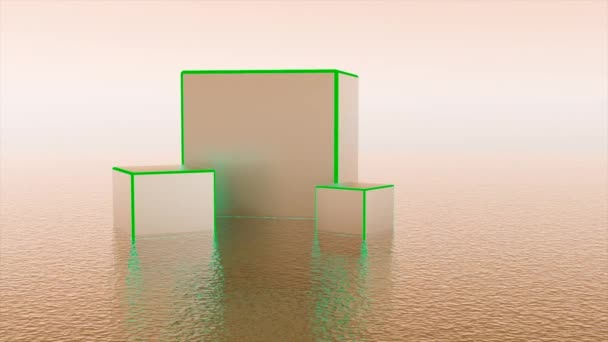Decorazione virtuale 3d con cubi. Progettazione. Design elegante di scenari virtuali con cubi di diverse dimensioni e linee al neon. Bellissimi cubi con cornici al neon su sfondo isolato - Filmati, video