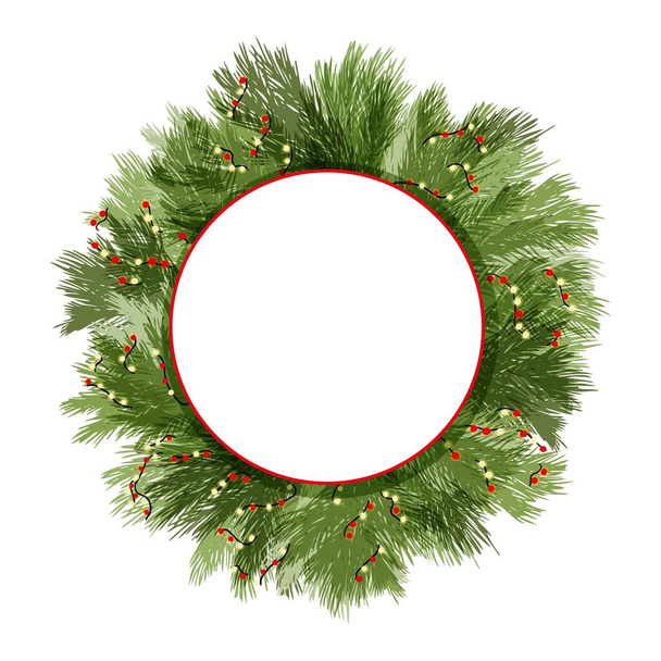 Ilustración vectorial de guirnalda de pino navideño con guirnalda aislada. Plantilla para saludos de Feliz Año Nuevo con espacio para texto. - Vector, imagen