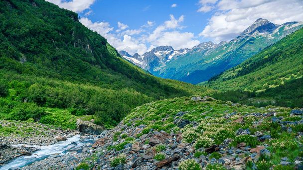 A river flowing out of a glacier in a mountain gorge. Picturesque summer mountain landscape. - Foto, afbeelding
