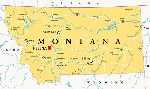 Montana, MT, politische Karte mit der Hauptstadt Helena. Staat im Gebirgswesten der westlichen Vereinigten Staaten von Amerika, Spitznamen Big Sky Country und The Treasure State. Illustration. Vektor - Vektor, Bild