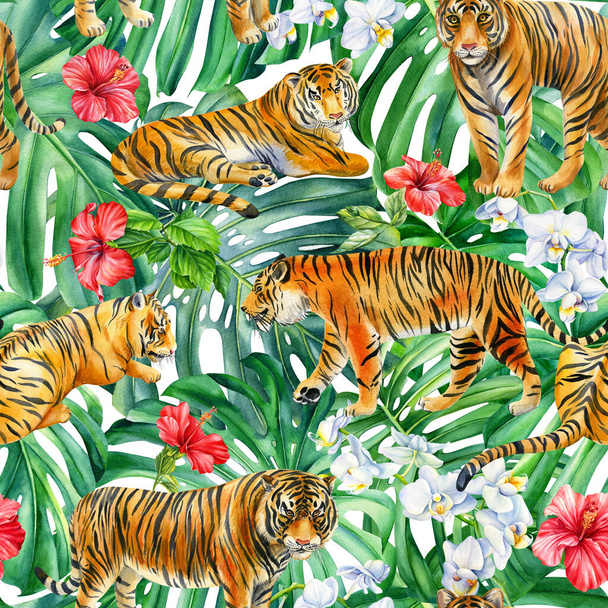Tigris a dzsungelben zökkenőmentes minta, trópusi egzotikus dzsungel növények, levelek virágok, akvarell állatok - Fotó, kép