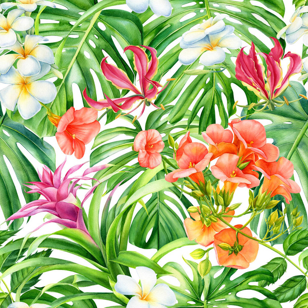 Tropical seamless pattern of monstera leaves and flowers, watercolor illustration. Floral background, digital paper - Photo, Image