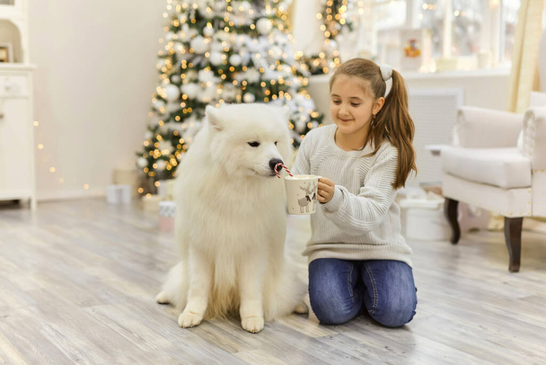 Kerst Kind meisje knuffel hond Samoyed. Kerstmis, winter en mensen concept. Kerstkaart. Gelukkig Nieuwjaar. Nieuwjaar thuis - Foto, afbeelding