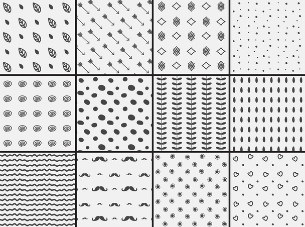 Set of 12 black and white seamless doodle patterns - Vector, Image