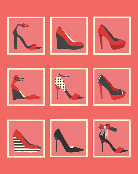 Unique pink and red women shoes square icons set - Vector, imagen