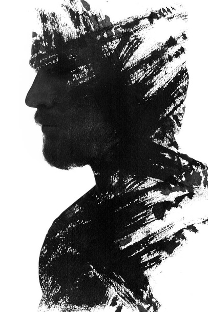 Paintography. A black and white portrait of a man combined with ink strokes. - Foto, Imagem