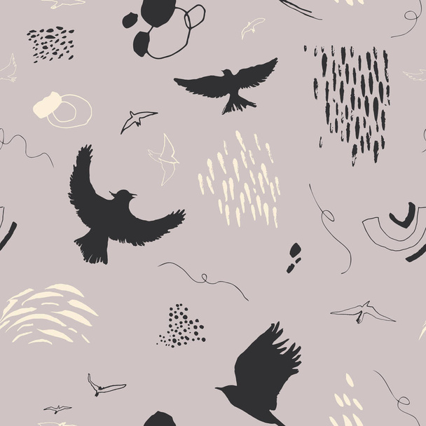 Vektor nahtlose Muster mit Vögeln und Flecken. Abstrakter handgezeichneter Hintergrund. - Vektor, Bild